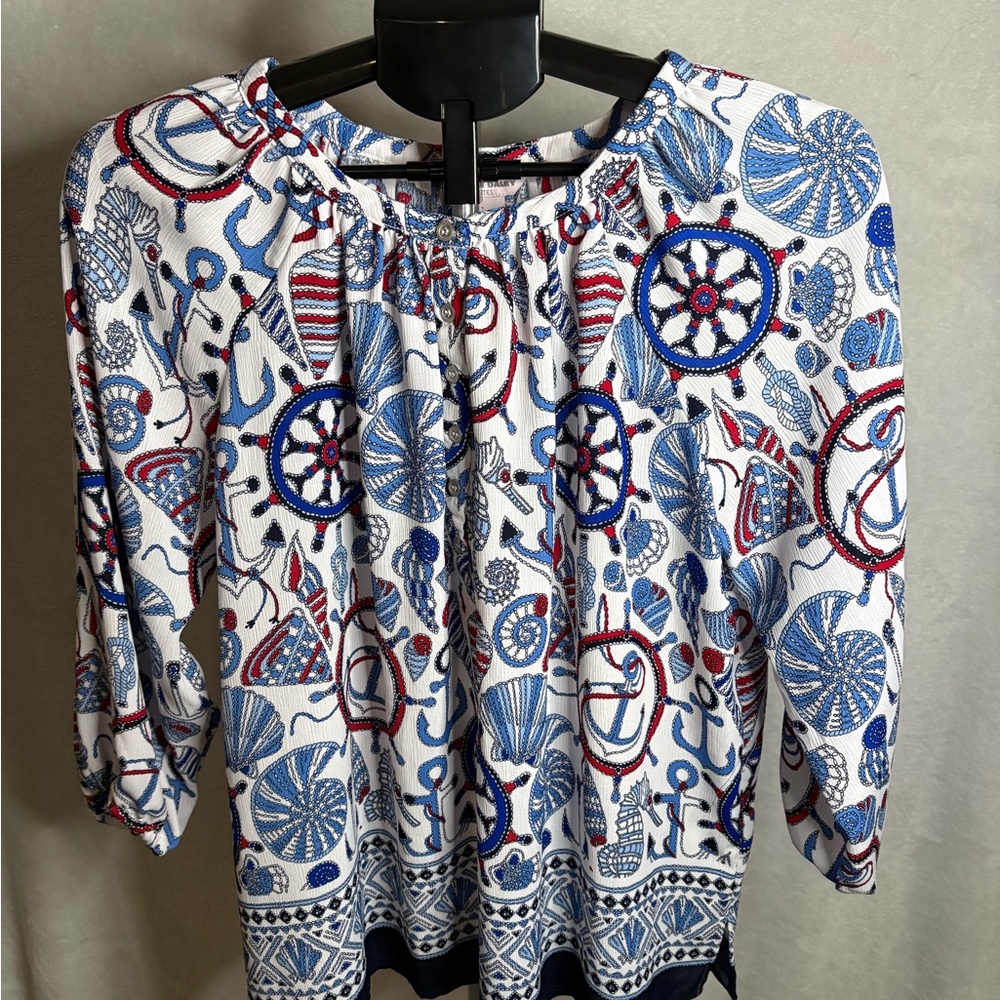 Allison Daley Nautical Print Blouse in Blue and Red
